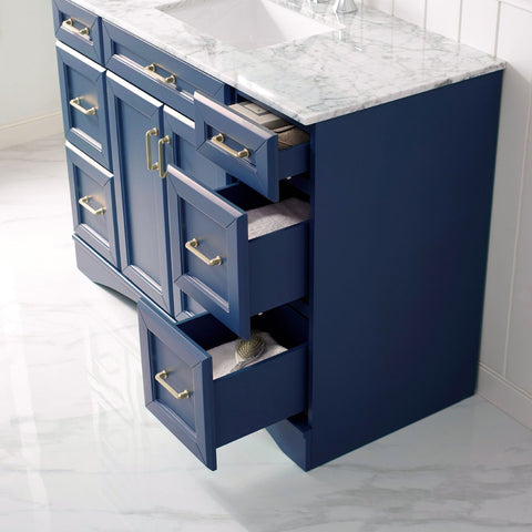 Image of Naples 48" Vanity in Royal Blue with Carrara White Marble Countertop With Mirror