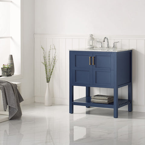 Image of Florence 30" Vanity in Royal Blue with Carrara White Marble Countertop Without Mirror