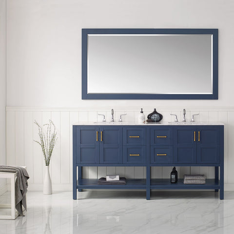 Image of Florence 72" Vanity in Royal Blue with Carrara White Marble Countertop With Mirror