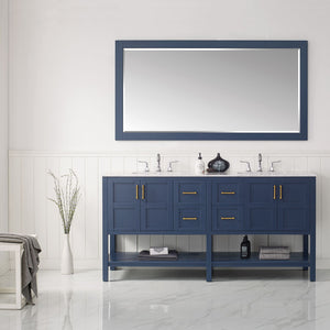 Florence 72" Vanity in Royal Blue with Carrara White Marble Countertop With Mirror