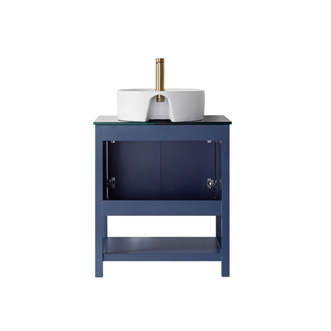 Image of Modena 28” Vanity in Royal Blue with Glass Countertop with White Vessel Sink Without Mirror