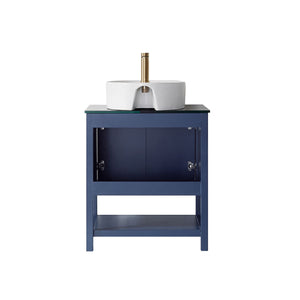 Modena 28” Vanity in Royal Blue with Glass Countertop with White Vessel Sink Without Mirror