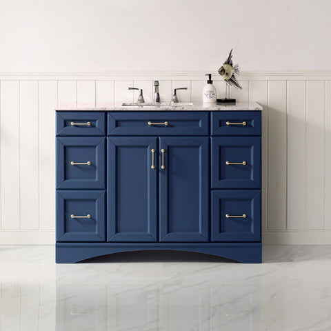 Image of Naples 48" Vanity in Royal Blue with Carrara White Marble Countertop Without Mirror