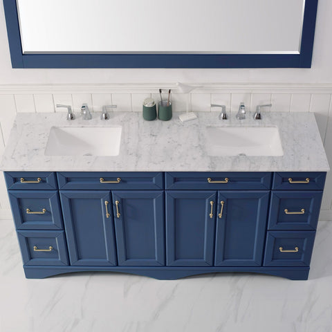 Image of Naples 72" Vanity in Royal Blue with Carrara White Marble Countertop With Mirror