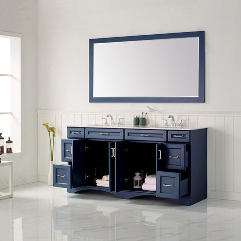 Image of Naples 72" Vanity in Royal Blue with Carrara White Marble Countertop With Mirror