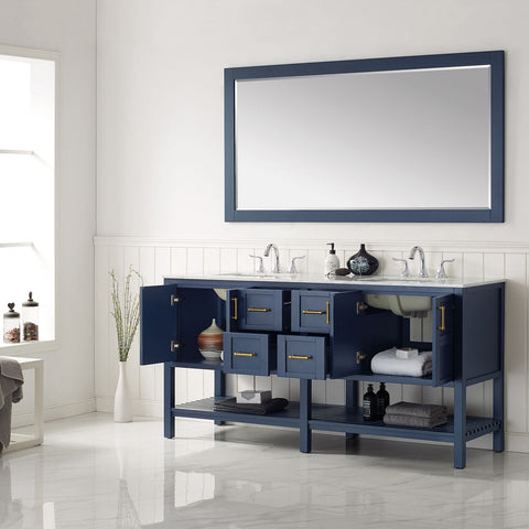 Image of Florence 72" Vanity in Royal Blue with Carrara White Marble Countertop With Mirror