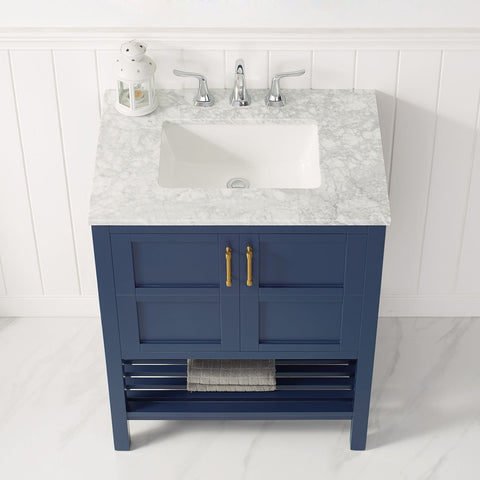 Image of Florence 30" Vanity in Royal Blue with Carrara White Marble Countertop Without Mirror