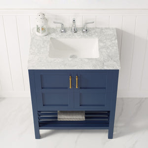 Florence 30" Vanity in Royal Blue with Carrara White Marble Countertop Without Mirror