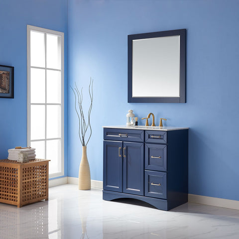 Image of Naples 36" Vanity in Royal Blue with Carrara White Marble Countertop With Mirror