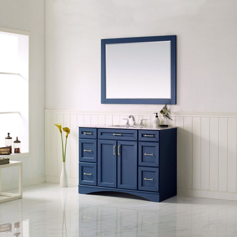 Image of Naples 48" Vanity in Royal Blue with Carrara White Marble Countertop With Mirror