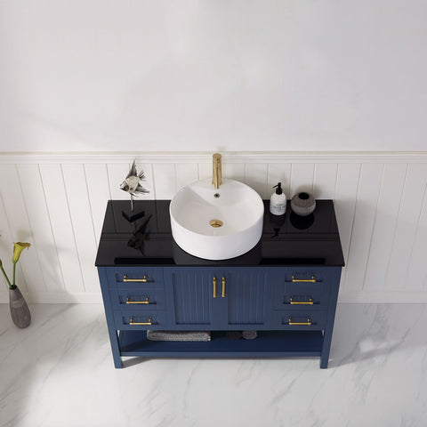 Image of Modena 48” Vanity in Royal Blue with Glass Countertop with White Vessel Sink Without Mirror