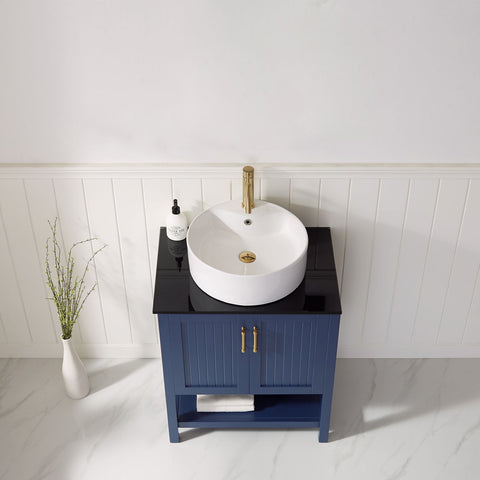 Image of Modena 28” Vanity in Royal Blue with Glass Countertop with White Vessel Sink Without Mirror