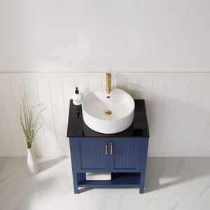 Modena 28” Vanity in Royal Blue with Glass Countertop with White Vessel Sink Without Mirror