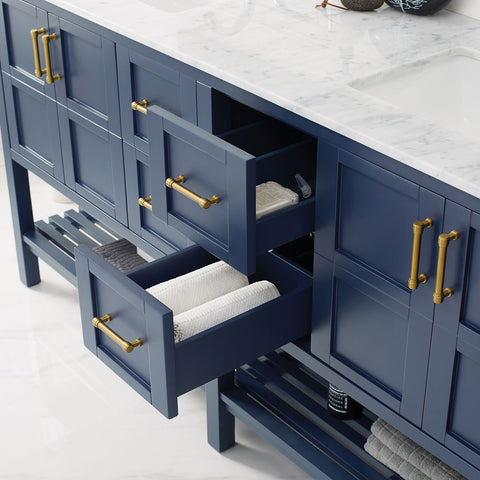 Image of Florence 72" Vanity in Royal Blue with Carrara White Marble Countertop With Mirror