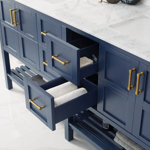 Florence 72" Vanity in Royal Blue with Carrara White Marble Countertop With Mirror