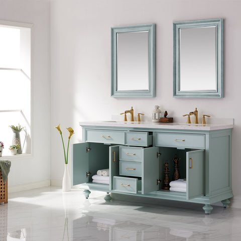 Image of Charlotte 72" Vanity in Finnish Green with Carrara White Composite Stone Countertop With Mirror