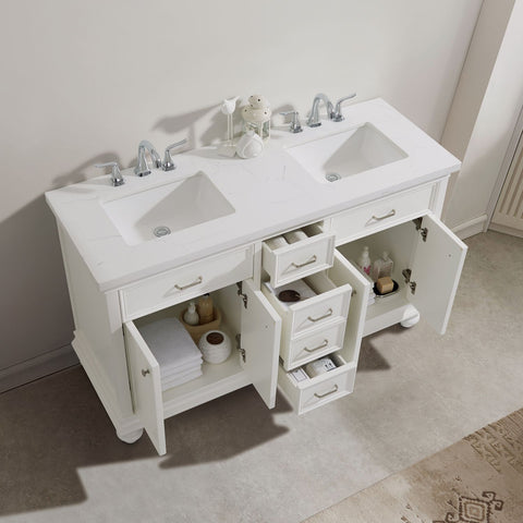 Image of Charlotte 60" Double Vanity in White with Carrara Quartz Stone Top With Mirror