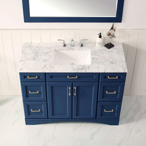 Image of Naples 48" Vanity in Royal Blue with Carrara White Marble Countertop With Mirror