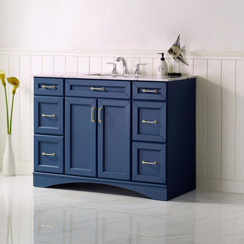 Image of Naples 48" Vanity in Royal Blue with Carrara White Marble Countertop Without Mirror