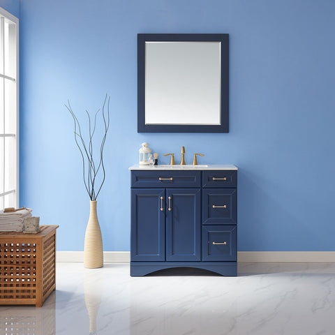 Image of Naples 36" Vanity in Royal Blue with Carrara White Marble Countertop With Mirror