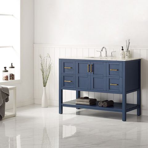 Image of Florence 48" Vanity in Royal Blue with Carrara White Marble Countertop Without Mirror