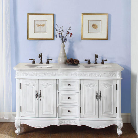 Image of Silkroad Exclusive  58-inch Crema Marfil Marble Top Double Sink Bathroom Vanity - HYP-0145-CM-UIC-58