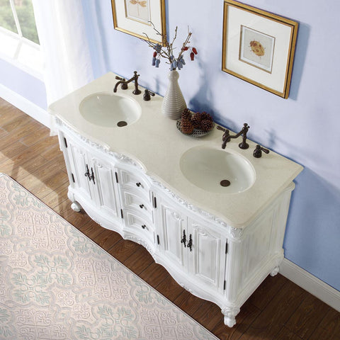 Image of Silkroad Exclusive  58-inch Crema Marfil Marble Top Double Sink Bathroom Vanity - HYP-0145-CM-UIC-58