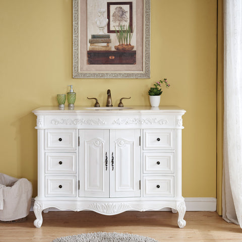 Image of Silkroad Exclusive  48-inch Crema Marfil Marble Top Single Sink Bathroom Vanity - HYP-0152-CM-UWC-48