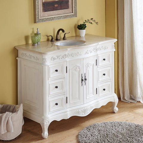 Image of Silkroad Exclusive  48-inch Crema Marfil Marble Top Single Sink Bathroom Vanity - HYP-0152-CM-UWC-48