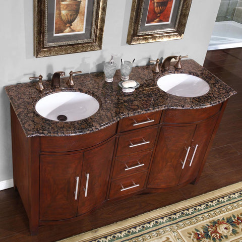 Image of Silkroad Exclusive  58-inch Baltic Brown Granite Top Double Sink Bathroom Vanity - HYP-0221-BB-UWC-58