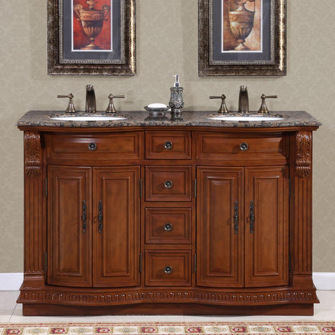 Image of Silkroad Exclusive  55-inch Baltic Brown Granite Top Double Sink Bathroom Vanity - HYP-0223-BB-UWC-55