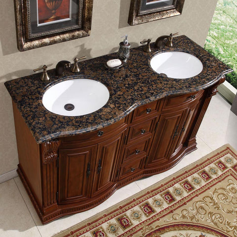 Image of Silkroad Exclusive  55-inch Baltic Brown Granite Top Double Sink Bathroom Vanity - HYP-0223-BB-UWC-55