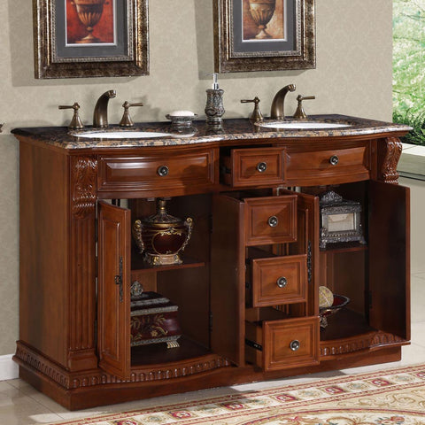 Image of Silkroad Exclusive  55-inch Baltic Brown Granite Top Double Sink Bathroom Vanity - HYP-0223-BB-UWC-55