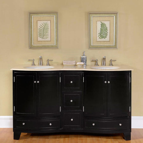 Image of Silkroad Exclusive  60-inch Crema Marfil Marble Top Double Sink Bathroom Vanity - HYP-0703-CM-UWC-60