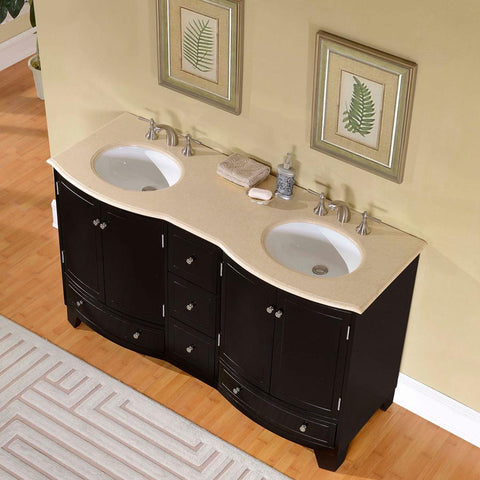 Image of Silkroad Exclusive  60-inch Crema Marfil Marble Top Double Sink Bathroom Vanity - HYP-0703-CM-UWC-60