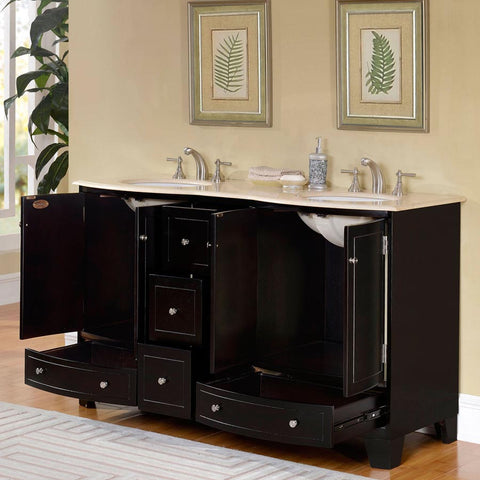 Image of Silkroad Exclusive  60-inch Crema Marfil Marble Top Double Sink Bathroom Vanity - HYP-0703-CM-UWC-60