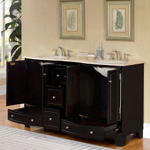 Silkroad Exclusive  60-inch Crema Marfil Marble Top Double Sink Bathroom Vanity - HYP-0703-CM-UWC-60