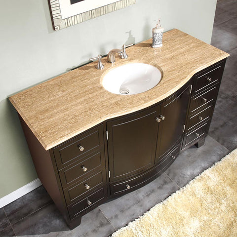 Image of Silkroad Exclusive  55-inch Travertine Top Single Sink Bathroom Vanity - HYP-0703-T-UWC-55