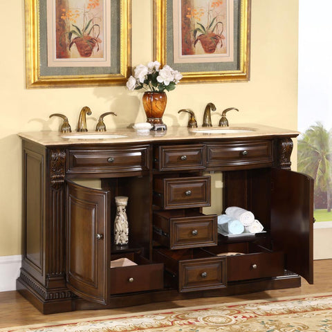 Image of Silkroad Exclusive  60-inch Travertine Top Double Sink Bathroom Vanity - HYP-0712-T-UIC-60