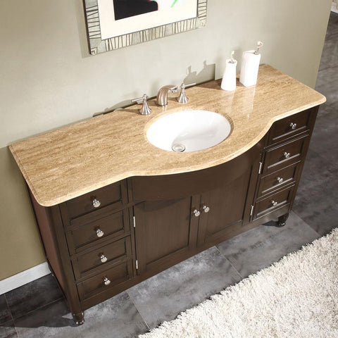 Image of Silkroad Exclusive  58-inch Travertine Top Single Sink Bathroom Vanity - HYP-0717-T-UWC-58