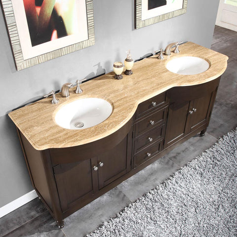 Image of Silkroad Exclusive  72-inch Crema Marfil Marble Top Double Sink Bathroom Vanity - HYP-0717-CM-UWC-72