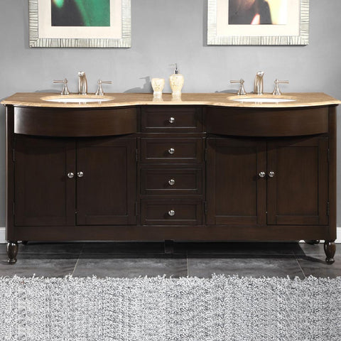 Image of Silkroad Exclusive  72-inch Crema Marfil Marble Top Double Sink Bathroom Vanity - HYP-0717-CM-UWC-72