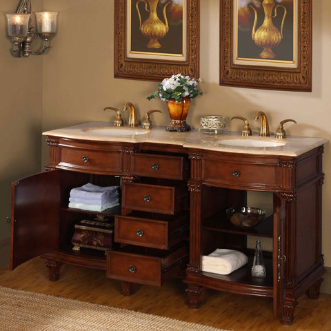 Image of Silkroad Exclusive  60-inch Travertine Top Double Sink Bathroom Vanity - HYP-0722-T-UIC-60