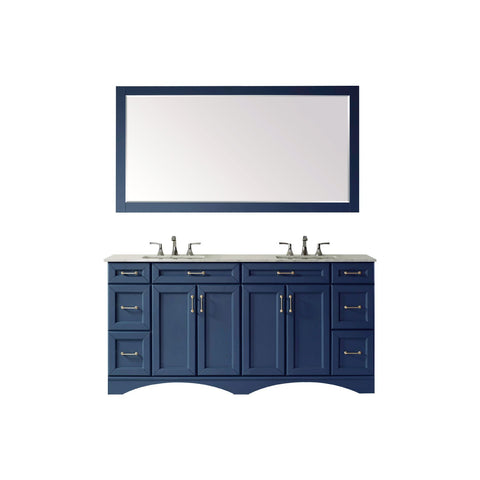 Image of Naples 72" Vanity in Royal Blue with Carrara White Marble Countertop With Mirror