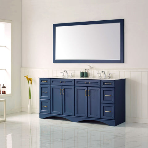 Image of Naples 72" Vanity in Royal Blue with Carrara White Marble Countertop With Mirror