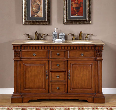 Image of Silkroad Exclusive  55-inch Travertine Top Double Sink Bathroom Vanity - LTP-0181-T-UIC-55