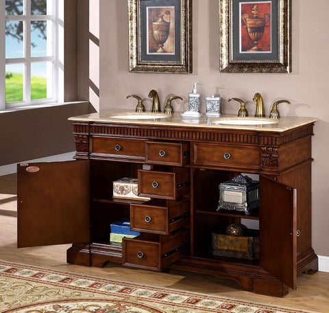 Image of Silkroad Exclusive  55-inch Travertine Top Double Sink Bathroom Vanity - LTP-0181-T-UIC-55