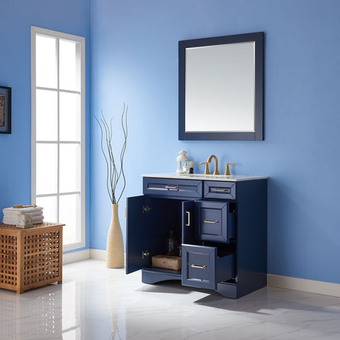 Image of Naples 36" Vanity in Royal Blue with Carrara White Marble Countertop With Mirror