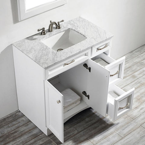 Image of Naples 36" Vanity in White with Carrara White Marble Countertop With Mirror