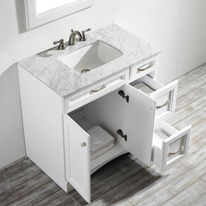 Naples 36" Vanity in White with Carrara White Marble Countertop With Mirror